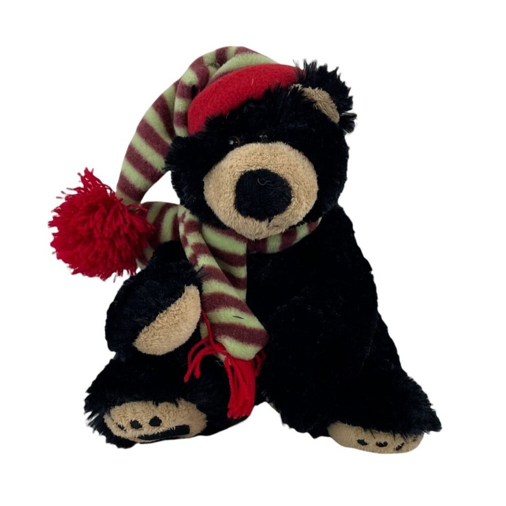 Animal Adventure Black Teddy Bear 8" Plush Stuffed Animal Red Green Hat Scarf‎